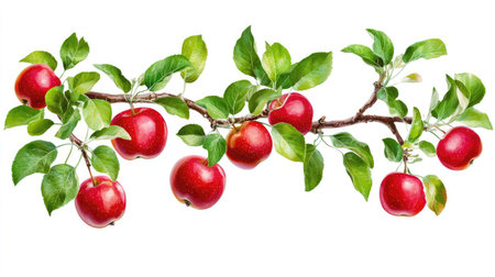 A stunning arrangement of fresh red apples attached to a branch adorned with vibrant green leaves. This image captures the essence of nature's bounty, showcasing healthy organic produce ideal for promoting wellness and wholesome living. Perfect for food-related projects.の素材