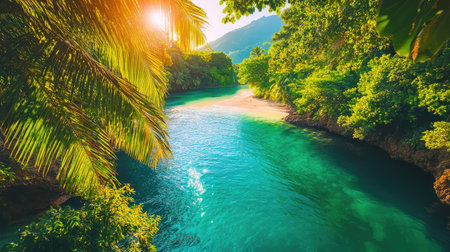 This breathtaking image captures a serene tropical paradise, showcasing lush greenery surrounding calm azure waters at sunrise, perfect for relaxation and adventure.の素材