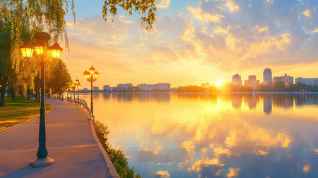 A stunning sunrise casts golden light over a serene river, reflecting a modern skyline. The peaceful park path lined with lamps invites relaxation and exploration.の素材