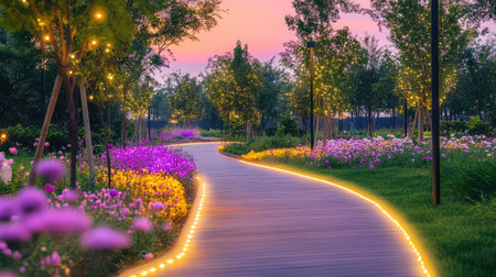 A tranquil evening scene featuring a winding wooden pathway through a vibrant garden, illuminated by soft twinkling lights under a colorful sunset sky.の素材