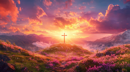 A breathtaking view featuring a cross atop a hill surrounded by vibrant wildflowers, set against a stunning sunrise in a mountainous landscape.の素材