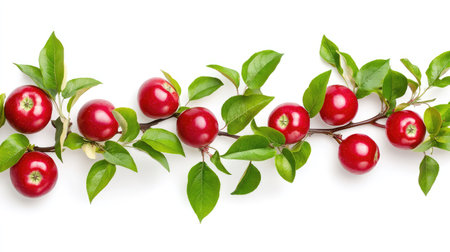 This image features fresh red apples on a branch, showcasing vibrant green leaves against a white background, perfect for seasonal themes and healthy lifestyles.の素材