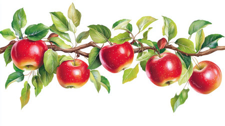 A stunning illustration of a bunch of fresh red apples on a branch, adorned with lush green leaves, capturing the essence of nature's bounty. Perfect for food lovers.の素材