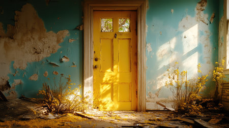 This stunning image captures a vibrant yellow door in an abandoned room, surrounded by overgrown weeds and bathed in warm sunlight, evoking a sense of nostalgia and tranquility.の素材