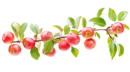 A beautiful arrangement of fresh red apples hanging on a branch with green leaves, ideal for illustrating health, nutrition, and natural beauty.の素材