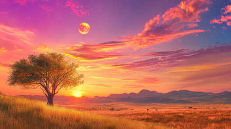 A serene sunset paints the sky with vibrant colors as a lone tree stands gracefully in an expansive landscape, evoking tranquility and beauty.の素材