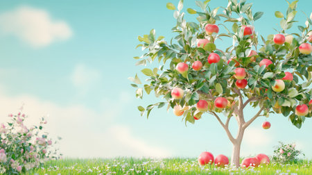 A vibrant apple tree stands majestically in a lush meadow, laden with shining red apples beneath a clear blue sky, surrounded by colorful flowers.の素材