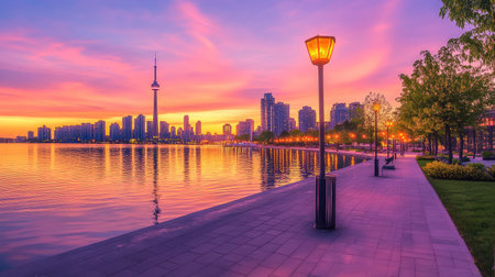 A stunning view of Toronto's waterfront at sunset, showcasing the vibrant colors of the sky reflecting on the tranquil lake, framed by the city skyline.の素材