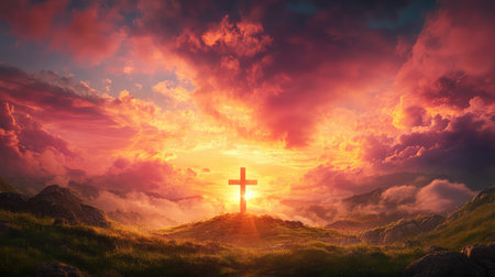 A breathtaking sunset scene features a cross silhouette illuminated by vibrant colors. Majestic mountains emerge in the foreground, surrounded by dramatic clouds, evoking feelings of peace and hope.の素材