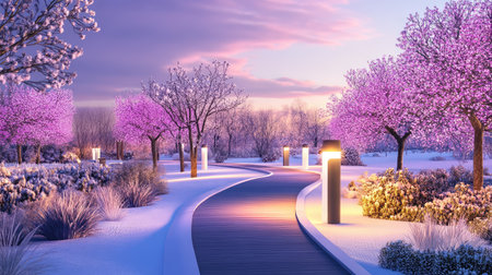 A picturesque winter park scene showcasing a winding snow-covered pathway surrounded by flowering trees, softly illuminated by evening light, creating a tranquil atmosphere.の素材