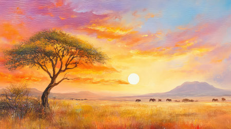 A breathtaking view of a vibrant sunset over the African savanna, featuring a majestic acacia tree and roaming elephants, creating a serene wildlife scene.の素材
