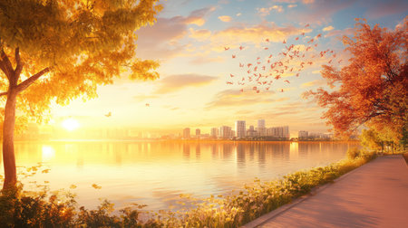 This stunning sunset landscape showcases a serene lake bordered by vibrant autumn trees. The colorful skyline reflects beautifully in the calm water, creating a peaceful atmosphere perfect for relaxation and contemplation.の素材