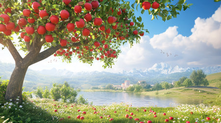 A picturesque scene showcasing a vibrant apple tree laden with ripe fruit in a lush meadow. Majestic mountains rise in the background, reflecting in a serene lake under a clear blue sky, inviting tranquility and harmony in nature.の素材