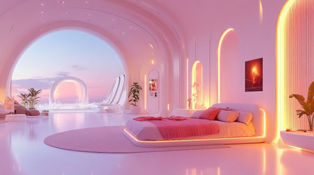 A serene and stylish bedroom featuring soft pink accents, soft lighting, and large windows that offer a breathtaking view. The modern design creates a calming atmosphere.の素材