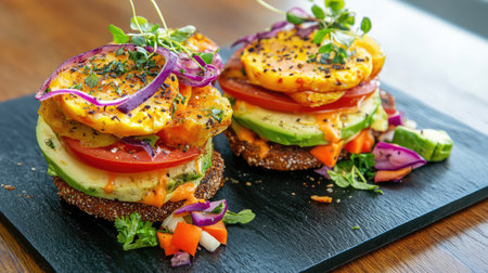 This stunning image showcases a gourmet vegetable sandwich bursting with color, featuring fresh layers of tomato, cucumber, onion, and herbs, perfect for a healthy meal.の素材