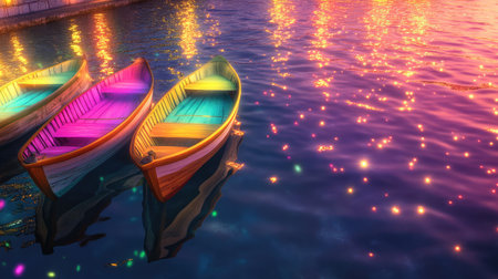This vibrant image features a trio of colorful boats gently floating on tranquil water. The soft twilight light creates sparkling reflections, enhancing the beauty of the serene scene. Ideal for themes of relaxation and adventure.の素材