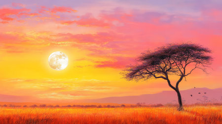 A stunning landscape portraying a vivid sunset over the African savanna, featuring a silhouette of a lone tree against a colorful sky, evoking serenity.の素材