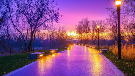 This vibrant image captures a serene pathway illuminated by lamps during sunrise, showcasing beautiful colors and a peaceful park environment.の素材