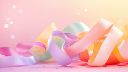 Beautiful assortment of colorful ribbons twisting elegantly on a soft pastel background, perfect for celebrating special occasions or creative projects.の素材
