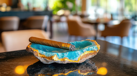 This captivating image showcases a cigar resting elegantly in an artistic turquoise ashtray on a polished table, creating a luxurious ambiance in a modern lounge setting.の素材