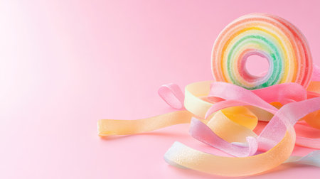 A vibrant spiral candy lies elegantly on a soft pink background, showcasing its smooth texture and bright colors, perfect for dessert-related themes.の素材