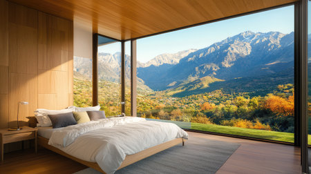A modern bedroom featuring a spacious layout and large window. The beautiful mountain view enhances the tranquil atmosphere, inviting relaxation and comfort.の素材