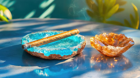 The image captures a luxurious cigar resting on a striking blue ashtray beside an amber bowl, evoking a serene and elegant atmosphere.の素材