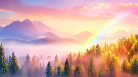 A stunning landscape showcasing a vibrant sunrise over misty mountains, accented by a beautiful rainbow and lush green forests, evoking tranquility.の素材