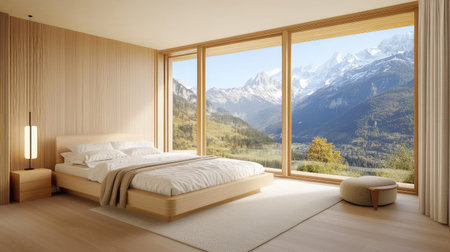 This serene modern bedroom features expansive windows offering breathtaking mountain views, showcasing a minimalist design that emphasizes comfort and tranquility.の素材
