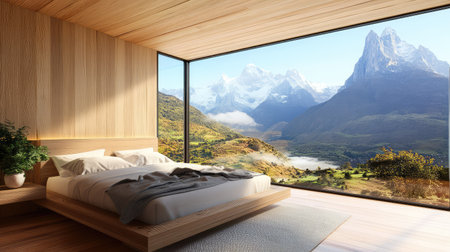 This image depicts a contemporary bedroom featuring large windows that offer a breathtaking view of majestic mountains and valleys. The warm wooden interior creates a cozy atmosphere, inviting relaxation and comfort amidst nature's beauty.の素材