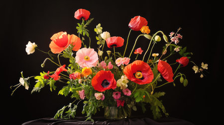 A stunning floral arrangement featuring vibrant red poppies, soft pink blossoms, and delicate greenery, showcasing nature's beauty against a dark backdrop.の素材