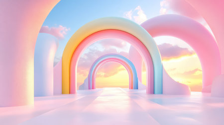 A vibrant scene featuring colorful pastel arches under a tranquil sky at sunset, creating an enchanting dreamlike landscape. The soft clouds add depth and serenity.の素材