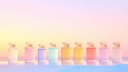 A stunning array of eight elegant perfume bottles arranged in a gradient pastel background, perfect for beauty branding or promotional materials.の素材