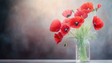 A stunning arrangement of vibrant red poppy flowers displayed in a clear glass vase, set against a softly blurred background, creating a dreamy atmosphere suitable for various aesthetics and floral inspirations.の素材