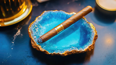 A luxurious cigar rests elegantly in a stunning blue stone ashtray with golden edges, creating a vibrant contrast against a dark table. Perfect for indulgent moments.の素材