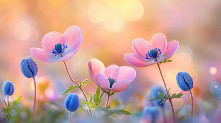 This enchanting image showcases delicate pink and blue flowers in a serene garden, bathed in soft natural light. The bokeh background adds a dreamy touch, emphasizing the beauty of nature.の素材