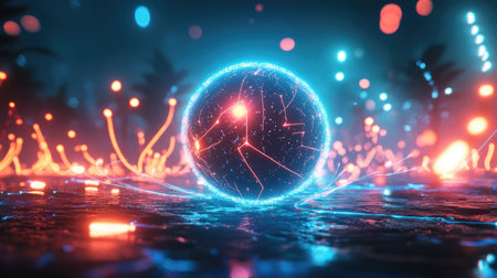 This stunning image features a glowing sphere set in a dynamic and colorful abstract environment, illuminated by vibrant lights and reflections.の素材