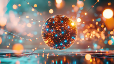 An enigmatic abstract image featuring a glowing sphere surrounded by luminous particles, creating a dreamlike atmosphere filled with vibrant colors.の素材