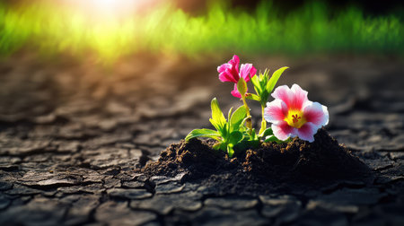 A stunning display of flowers emerging from dry, cracked soil, bathed in warm sunlight, symbolizing resilience and beauty in nature's delicate balance.の素材