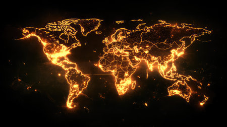 An artistic representation of a glowing world map showcasing bright connections between regions, symbolizing global communication and data flow.の素材