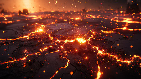 A captivating image showcasing glowing lava cracks on a volcanic landscape during twilight, emphasizing the dynamic and fiery nature of Earthの素材