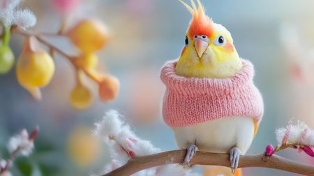A delightful portrait of a small bird wearing a pink sweater, perched on a branch adorned with soft blossoms, capturing a serene and joyful moment in nature.の素材