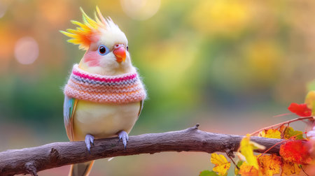 This adorable cockatiel showcases vibrant feathers while wearing a cozy knitted sweater. It perches peacefully on a branch amidst beautiful autumn foliage.の素材