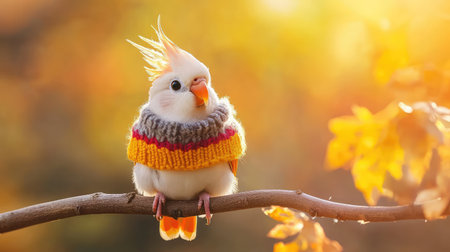 A charming small bird wearing a cozy sweater sits gracefully on a branch, surrounded by soft autumn colors and glowing sunlight, encapsulating nature's beauty.の素材