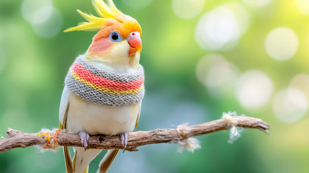 A charming cockatiel bird, dressed in a colorful knitted sweater, perches on a branch against a beautiful green background, exuding cuteness and warmth.の素材