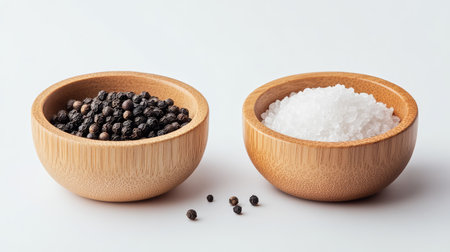Enhance your culinary projects with this image featuring bowls of black pepper and sea salt. Ideal for kitchen decor, food blogs, and cooking inspirations.の素材
