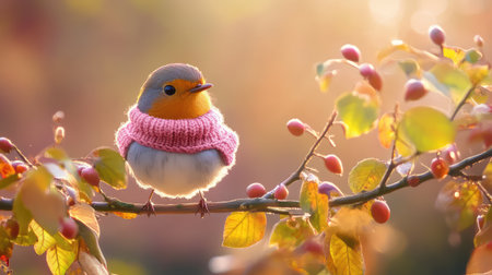 A lovely bird wearing a cozy pink sweater sits on a branch, surrounded by vibrant autumn leaves under warm sunlight, capturing nature's beauty.の素材