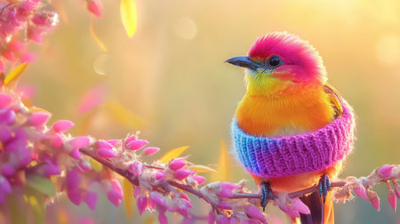 A stunning close-up of a colorful bird wearing a cozy sweater, perched on a branch adorned with pink blossoms, catches the warm sunlight in spring.の素材