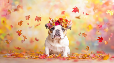 An adorable bulldog wearing a floral crown sits among vibrant autumn leaves, capturing the essence of the fall season with a cheerful and warm atmosphere.の素材