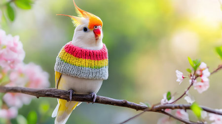 A charming cockatiel wearing a colorful knitted sweater sits on a branch amidst delicate blossoms, showcasing a delightful fusion of nature and whimsy.の素材